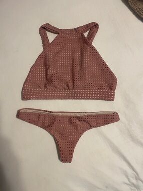 acacia swimwear dusty mauve perforated high-neck bikini-set
